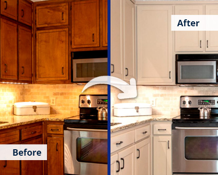 Before and After Kitchen Cabinet Refacing, Showing Darker Cabinets Refaced to White Modern Cabinets