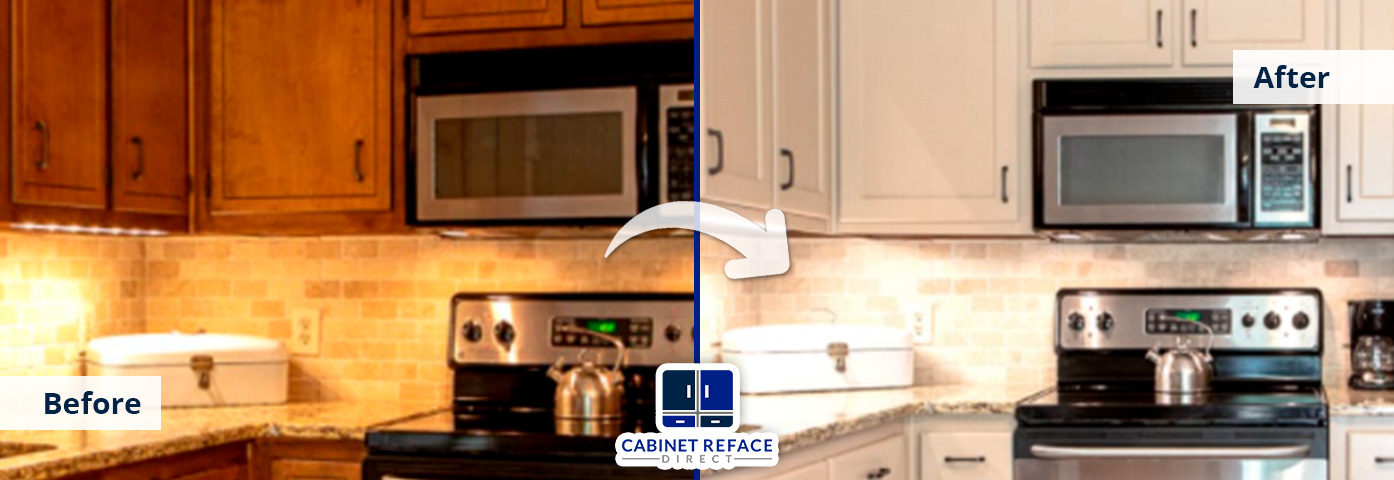 Before and After Kitchen Cabinet Refacing, Showing Darker Cabinets Refaced to White Modern Cabinets