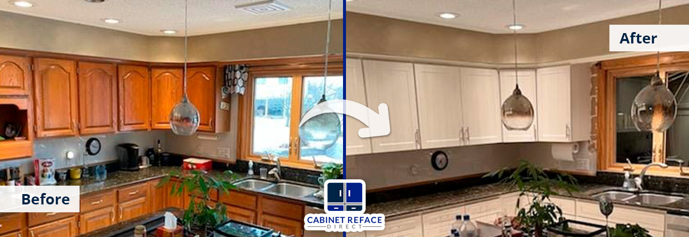 Before and After Kitchen Cabinet Refacing, Showing Darker Wood Cabinets Refaced to White Modern Cabinets