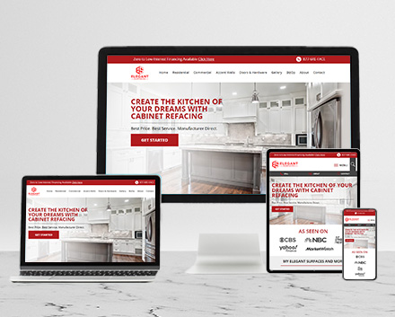 Modern Desktop, Laptop, Tablet and Phone Displaying Responsive Elegant Surfaces Cabinet Refacing and Renovation Website Design