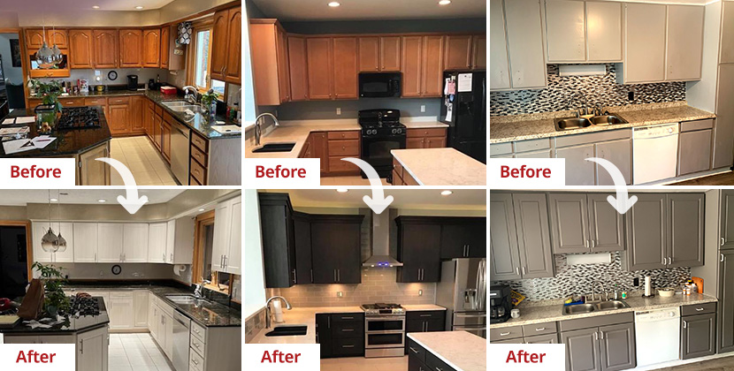 Three Before and After Photos of Elegant Surfaces' Amazing Cabinet Refacing Work Using High-Quality Products