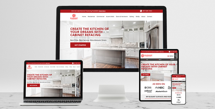 Modern Desktop, Laptop, Tablet and Phone Displaying Responsive Elegant Surfaces Cabinet Refacing and Renovation Website Design