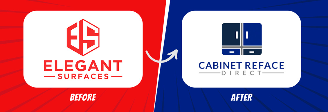 Red Elegant Surfaces Logo Before on Left and After is the Rebranded Blue Cabinet Reface Direct Logo