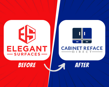 Red Elegant Surfaces Logo Before on Left and After is the Rebranded Blue Cabinet Reface Direct Logo