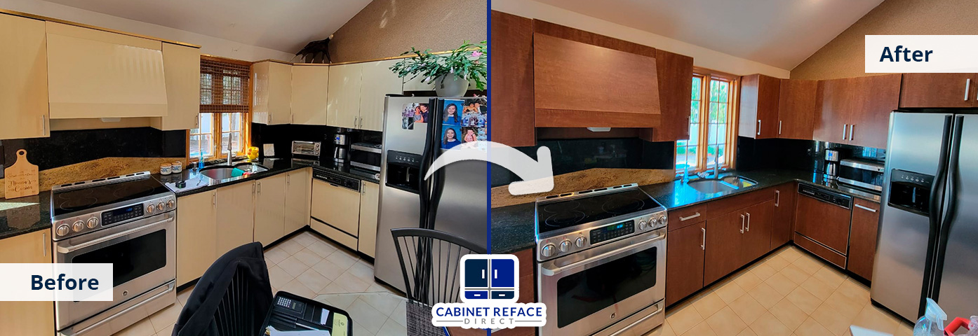 Outdated Cream Colored Kitchen Cabinets Turned Into a Wood Modern Version With Kitchen Cabinet Refacing
