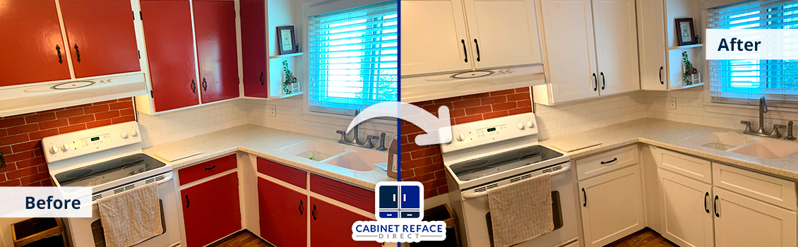 Outdated Red Cabinets Refaced to Beautiful and Modern White Versions With Our Cabinet Refacing Services