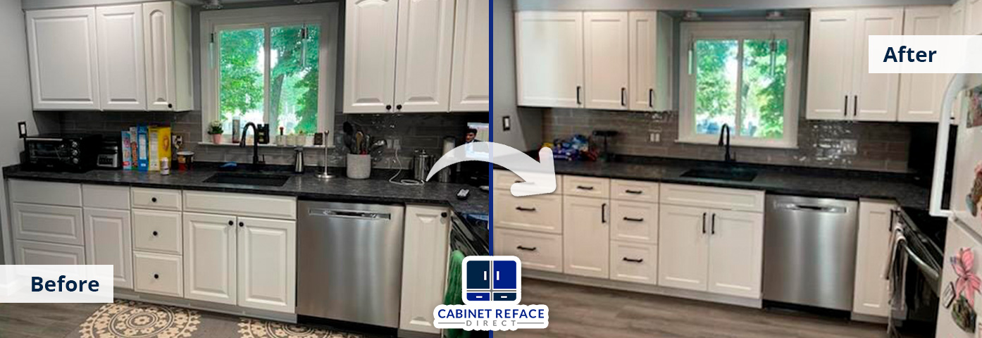 Old White Cabinets Without Knobs Turn New and Modern With Cabinet Refacing