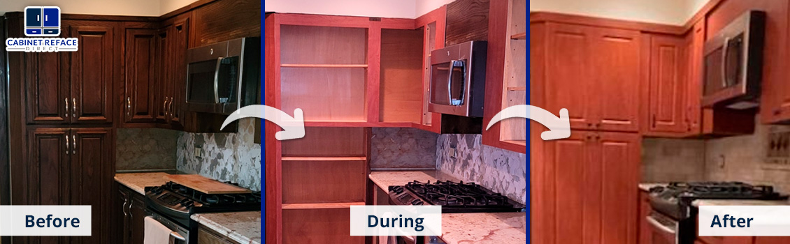 Cabinet Refacing Before, During, and After Images of the Services Provided by Our Company