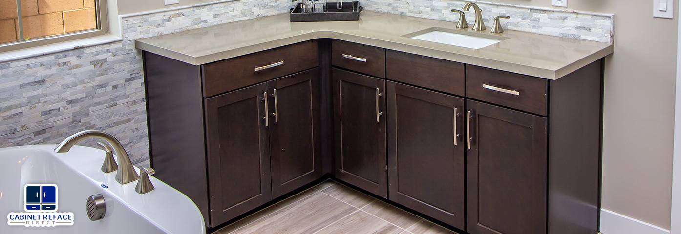Recently Refaced Bathroom Cabinets With a Modern Wood Look After Our Bathroom Cabinet Refacing Services