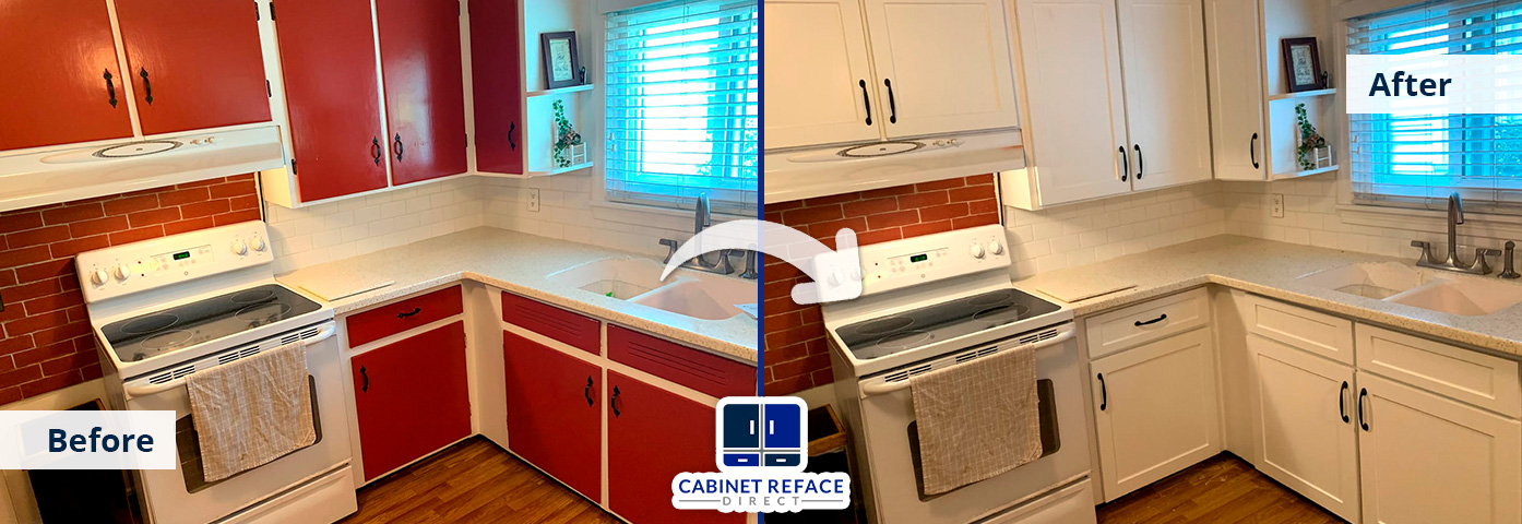 Old Red Kitchen Cabinets Refaced to Modern White Versions With Cabinet Refacing