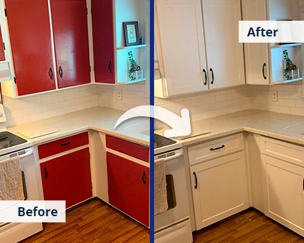 Old Red Kitchen Cabinets Refaced to Modern White Versions With Cabinet Refacing