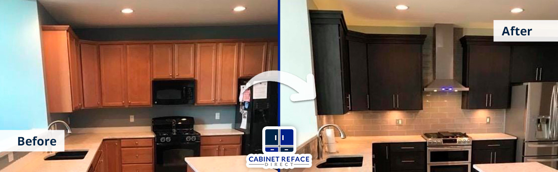 Old Light Wood Cabinets in a Commercial Kitchen Refaced to Dark Modern Wood