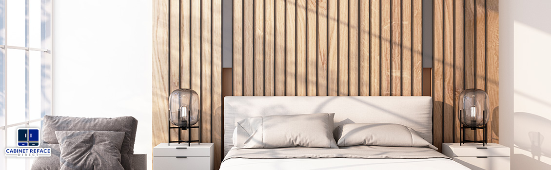 Accent Wall Panels That Look Like Natural Wood Behind the Headboard of a Bed