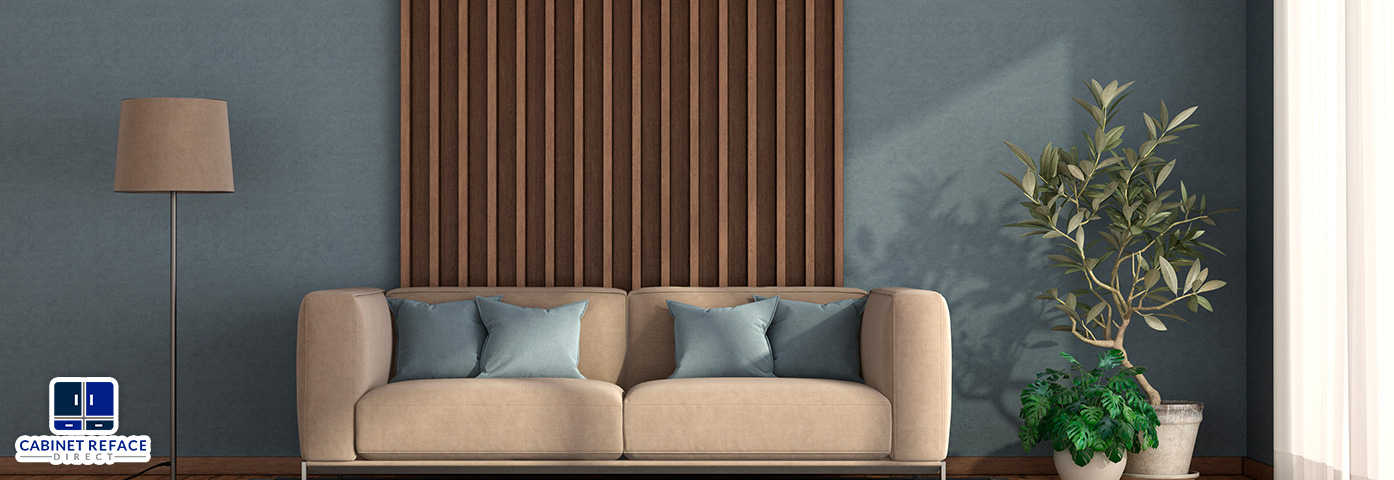 Couch in Front of an Accent Wall Painted a Dark Color With Wood Slats