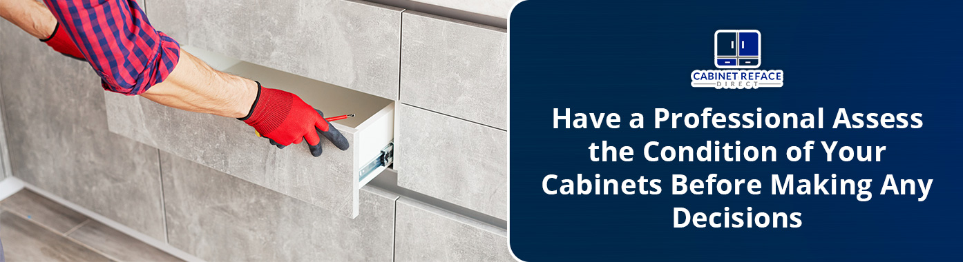 Cabinet Refacing Professional Examining Cabinet Drawers To Ensure They Are Candidates for Refacing